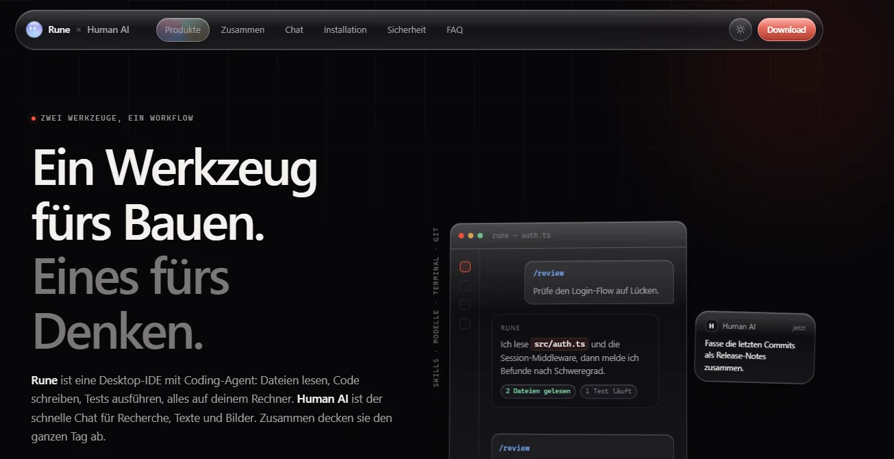 Screenshot of rune.usehuman.de showing the Rune navigation, headline, and a coding-workspace preview.